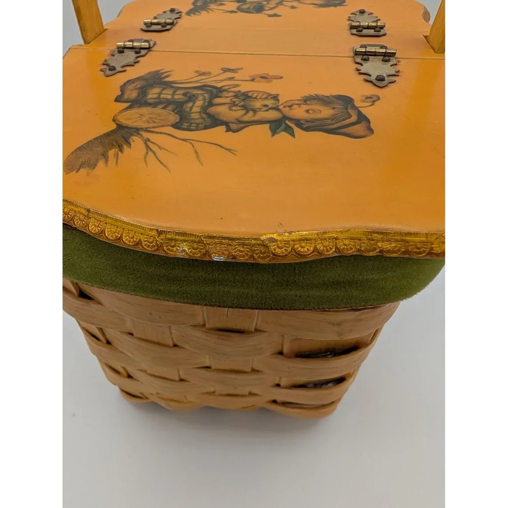 VTG Decoupage Woven Wood Picnic Basket Velvet Lined MCM Kitschy Decor Handbag